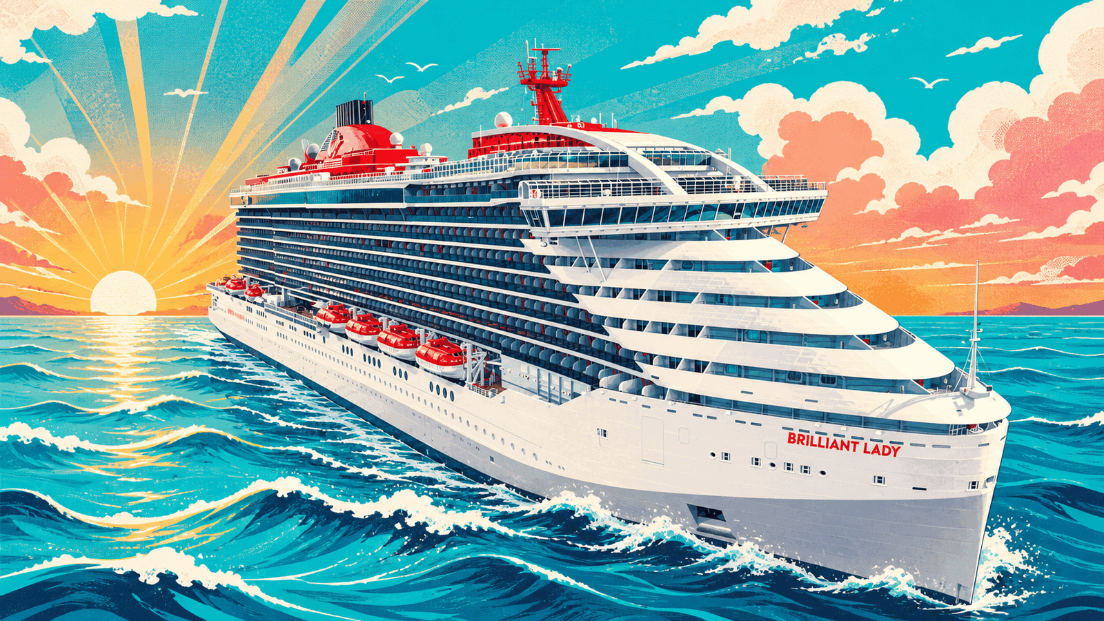 Colorful illustrated rendering of Brilliant Lady sailing at sunrise